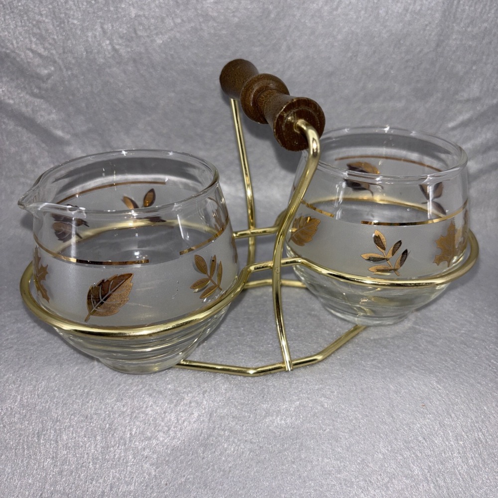 Vintage Libbey Golden Foliage Frosted Glass Creamer/Sugar Gold Tone w Caddy EUC